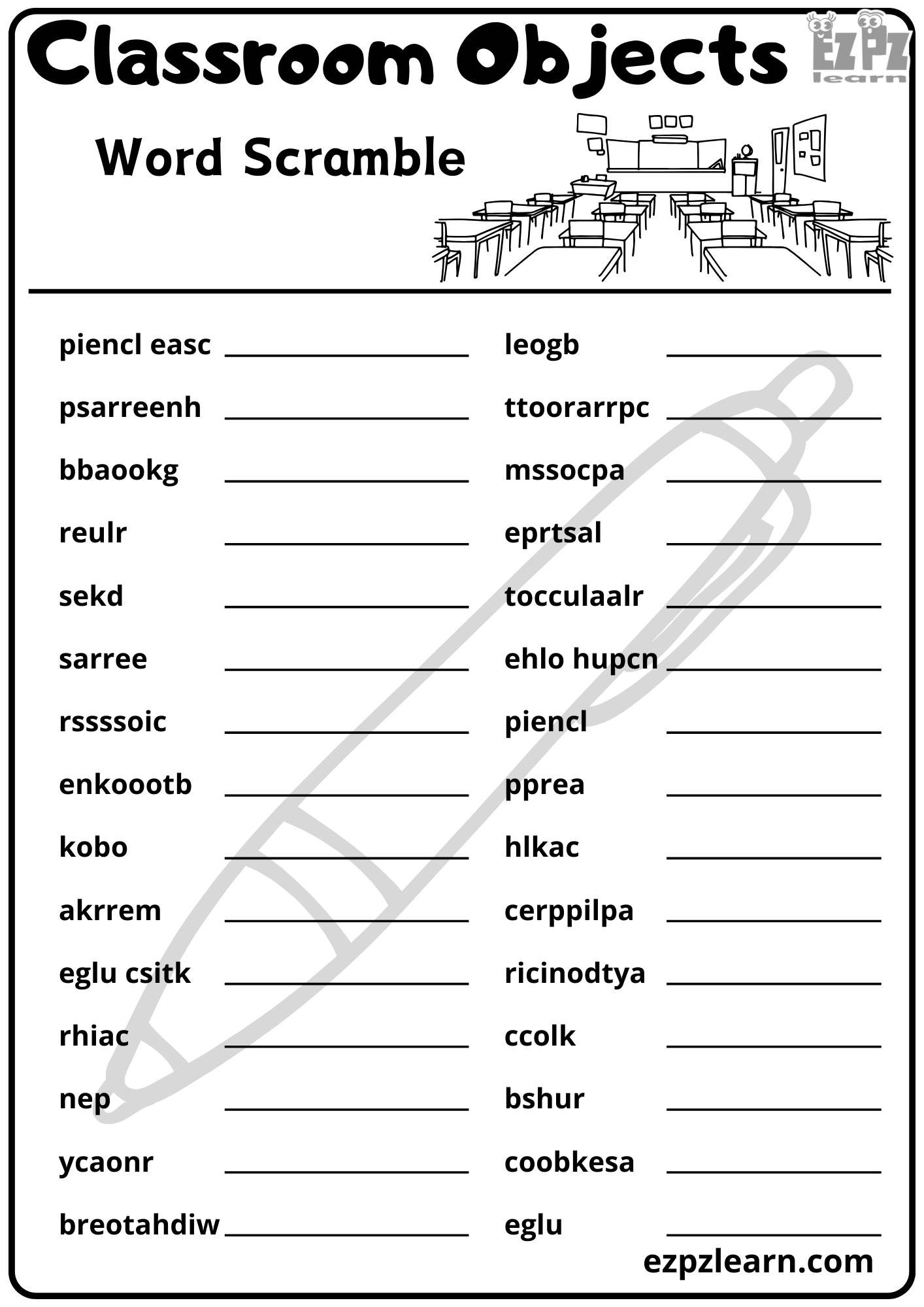 Classroom Objects 30 Vocabulary Words Free Printable PDF File